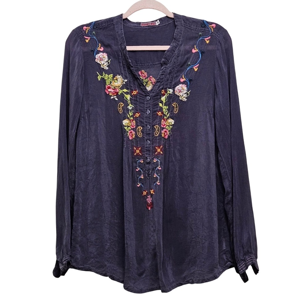 Johnny Was Embroidered Floral V-Neck Tunic Top Purple S Boho Indie Oversized